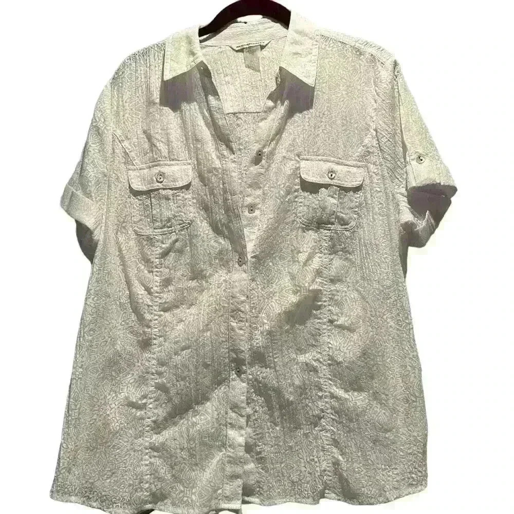 ALLISON DALEY sheer patterned short sleeve white button up blouse size 12